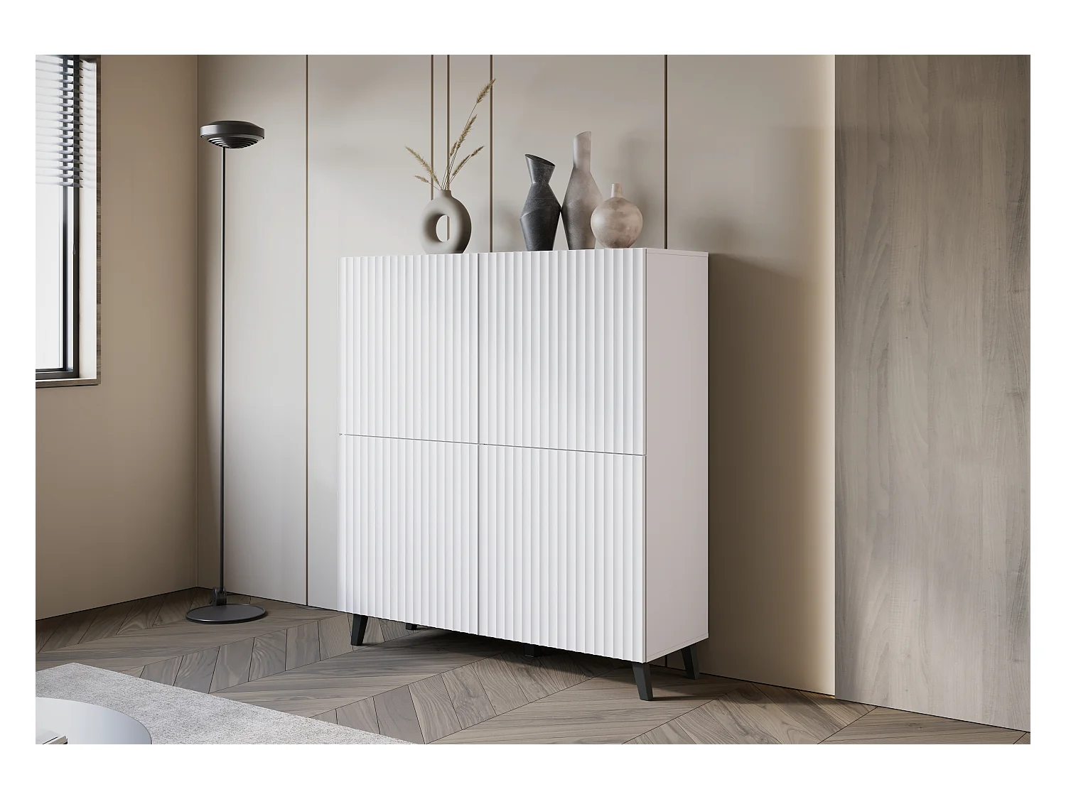 Commode haute moderne 120 cm sur pieds pour salon, blanc mat, façades MDF à larges rainures