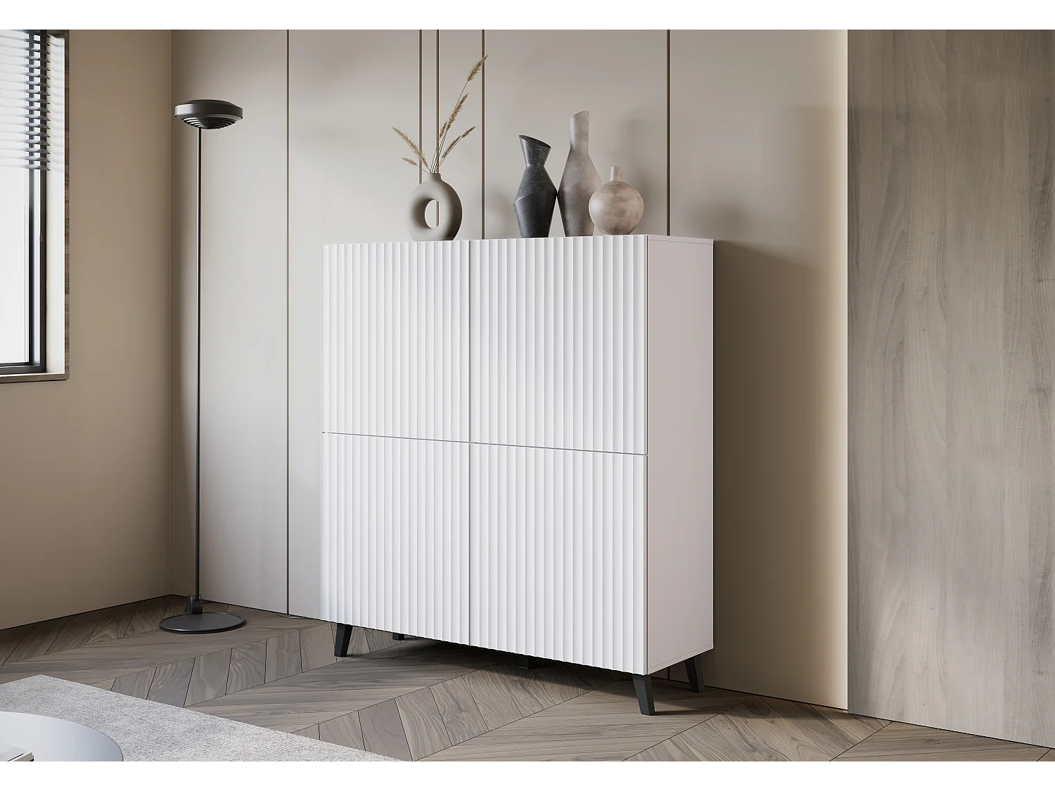 Commode haute moderne 120 cm sur pieds pour salon, blanc mat, façades MDF à larges rainures