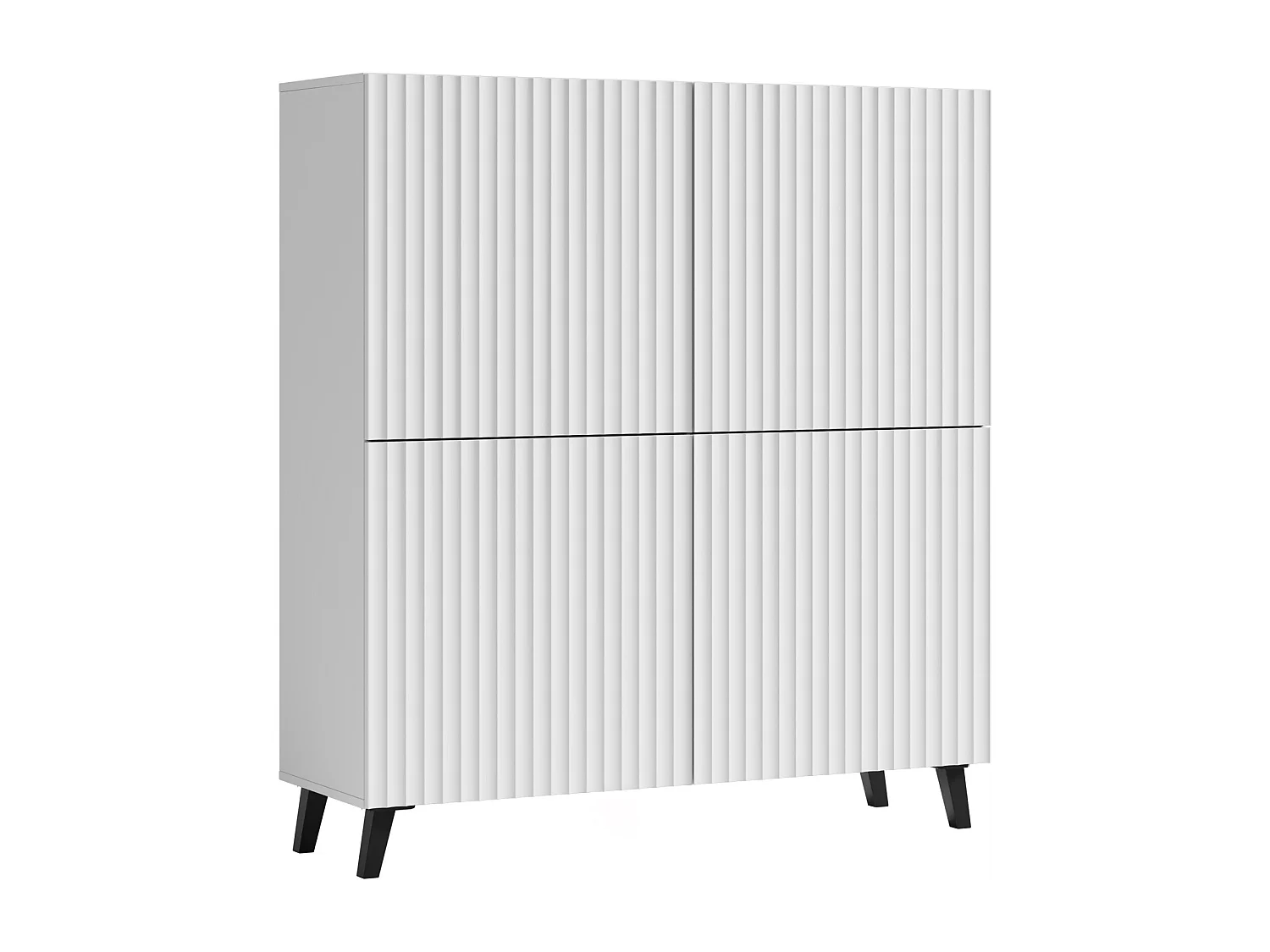 Commode haute moderne 120 cm sur pieds pour salon, blanc mat, façades MDF à larges rainures