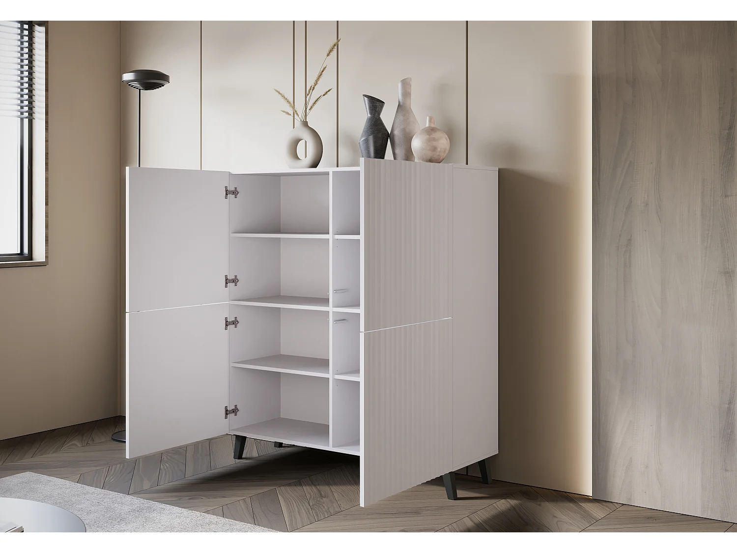 Commode haute moderne 120 cm sur pieds pour salon, blanc mat, façades MDF à larges rainures