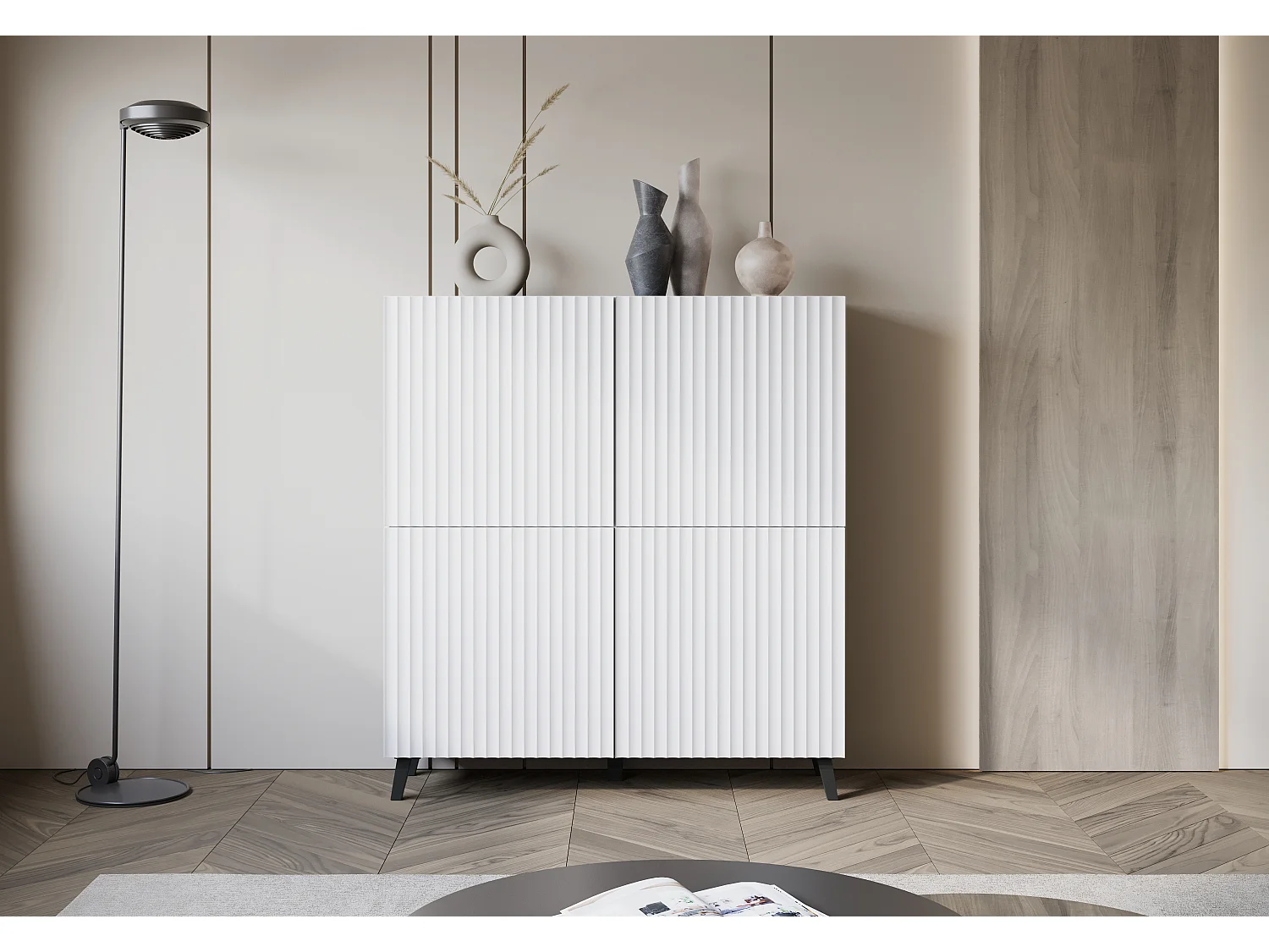 Commode haute moderne 120 cm sur pieds pour salon, blanc mat, façades MDF à larges rainures