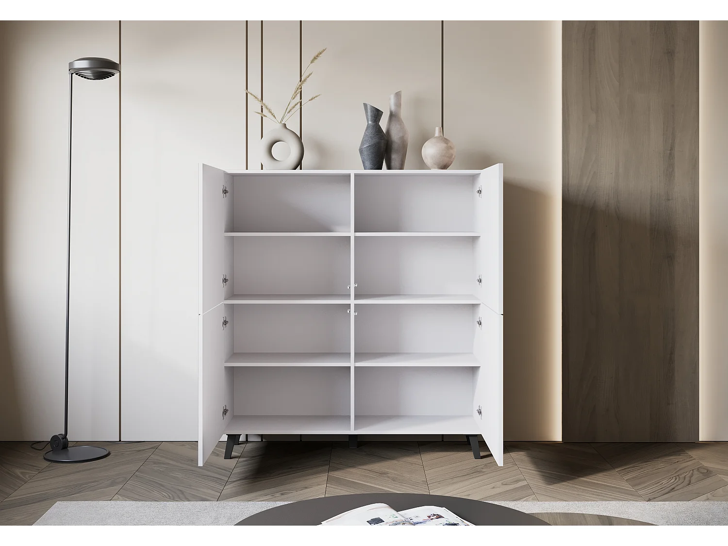 Commode haute moderne 120 cm sur pieds pour salon, blanc mat, façades MDF à larges rainures