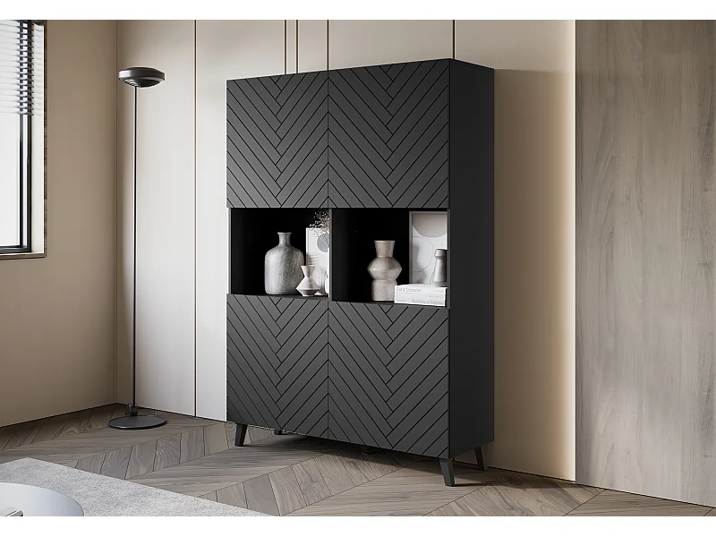 Highboard moderno 160 cm con patas para salón, grafito negro, frentes de MDF en espiga