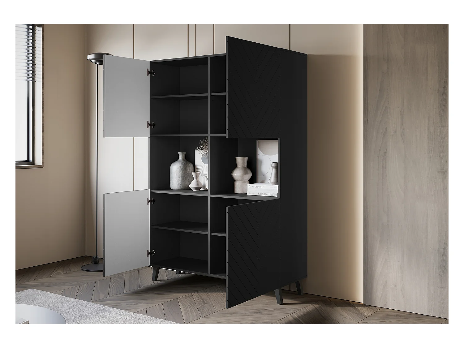 Highboard moderno 160 cm con patas para salón, grafito negro, frentes de MDF en espiga