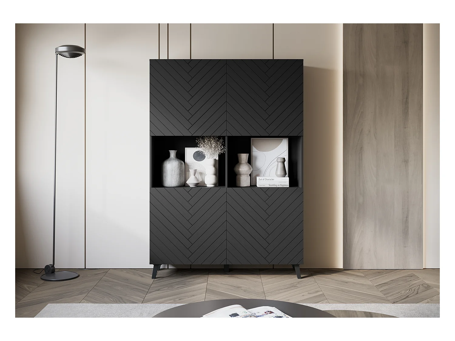 Highboard moderno 160 cm con patas para salón, grafito negro, frentes de MDF en espiga