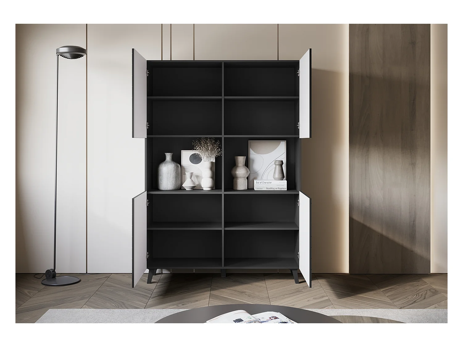 Highboard moderno 160 cm con patas para salón, grafito negro, frentes de MDF en espiga