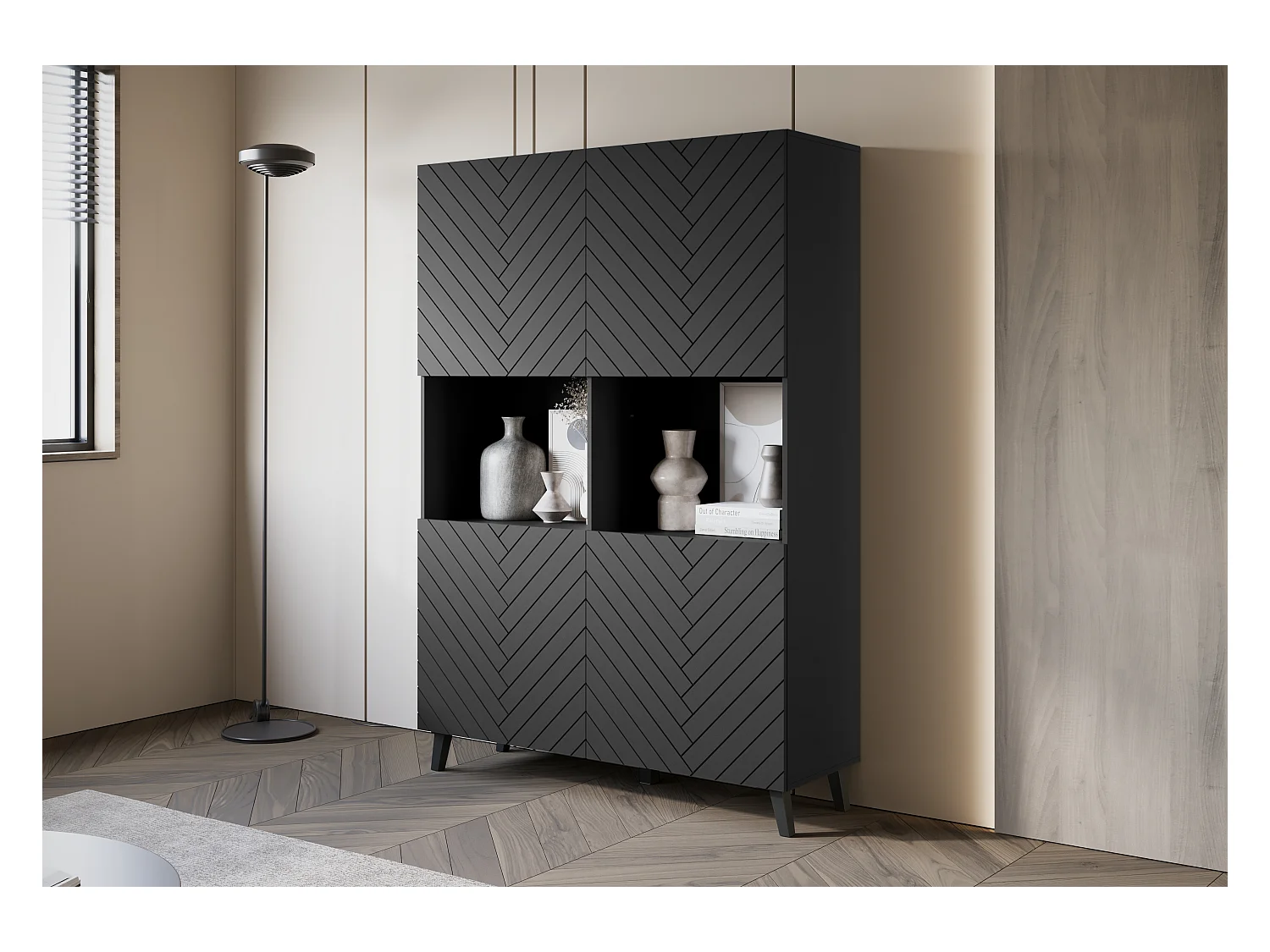 Highboard moderne 160 cm sur pieds pour salon, graphite noir, façades MDF motif chevrons