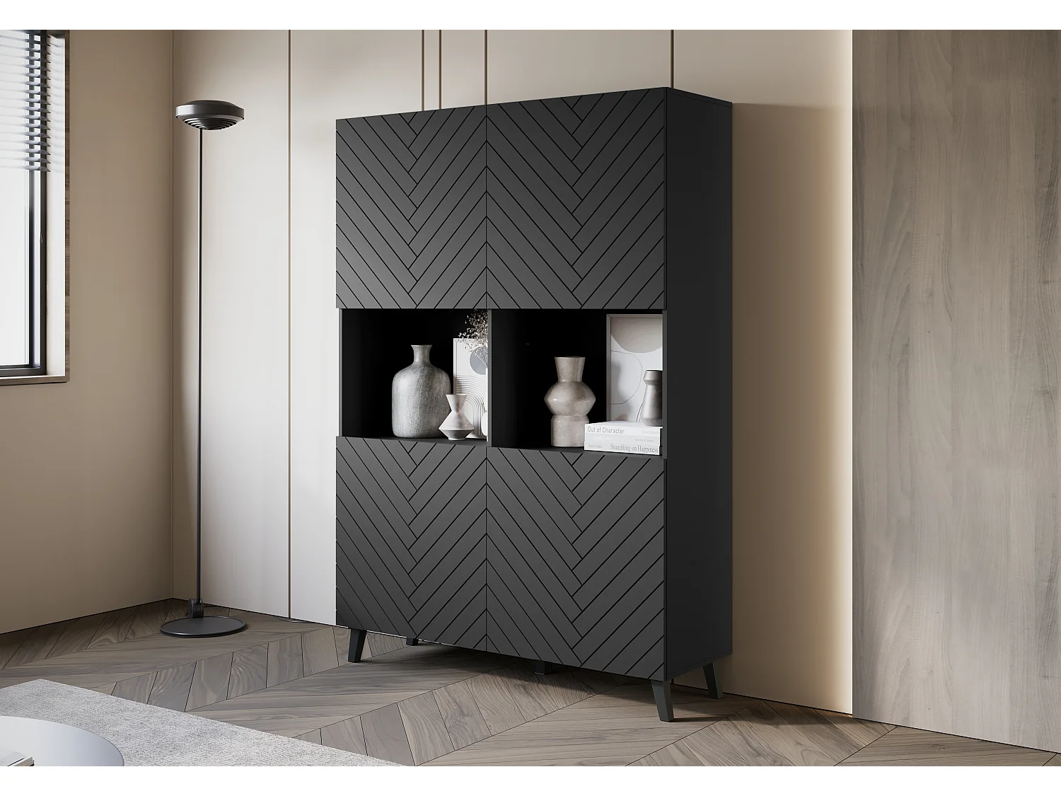 Highboard moderne 160 cm sur pieds pour salon, graphite noir, façades MDF motif chevrons