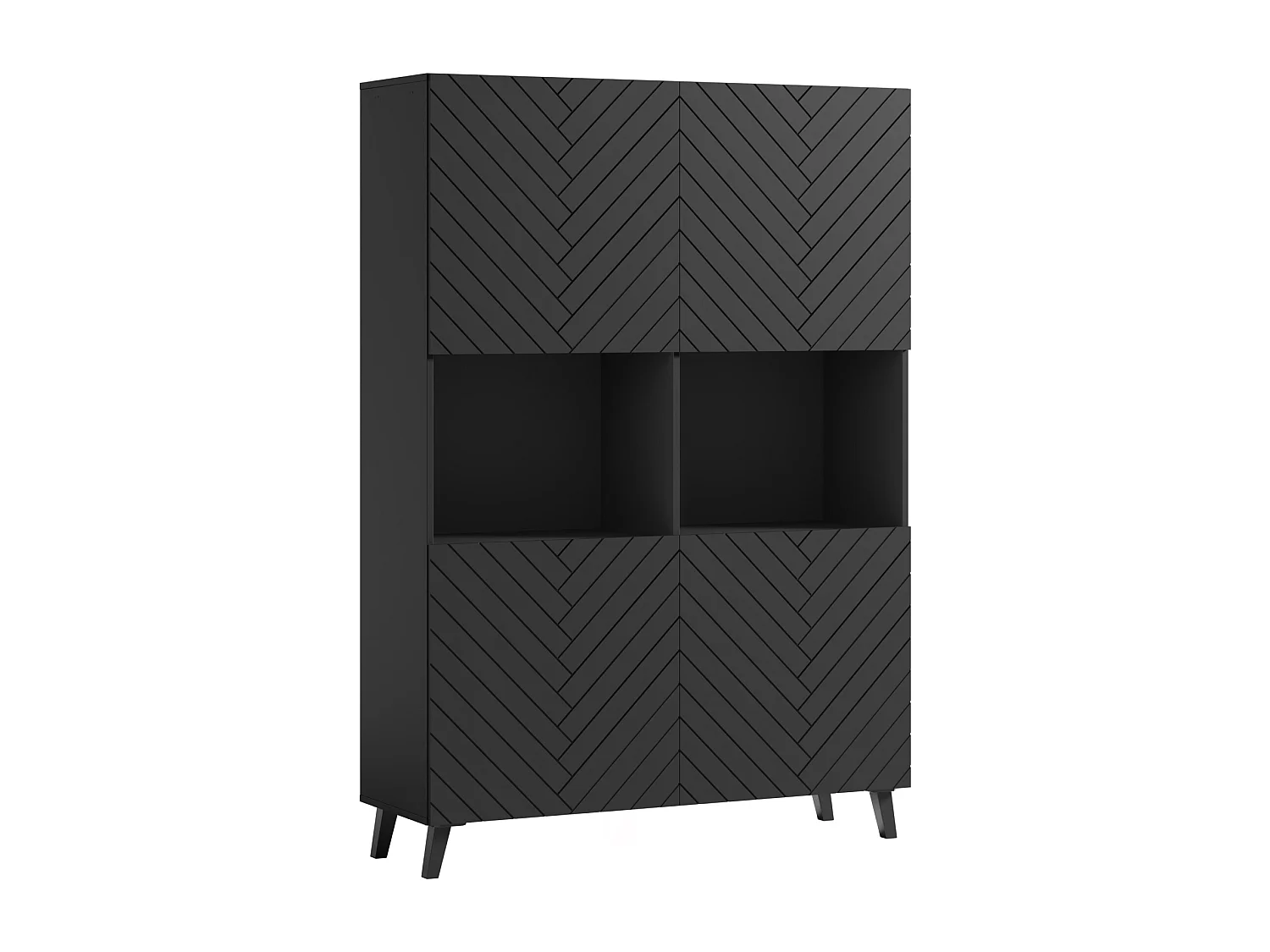 Highboard moderne 160 cm sur pieds pour salon, graphite noir, façades MDF motif chevrons