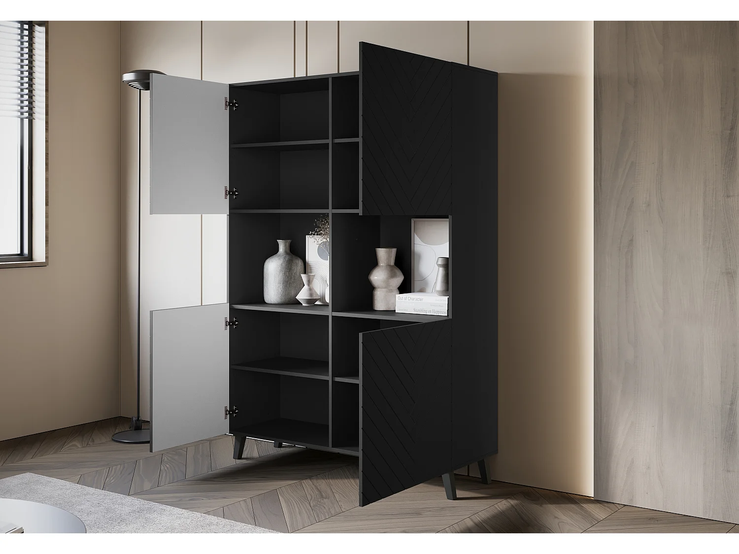 Highboard moderne 160 cm sur pieds pour salon, graphite noir, façades MDF motif chevrons