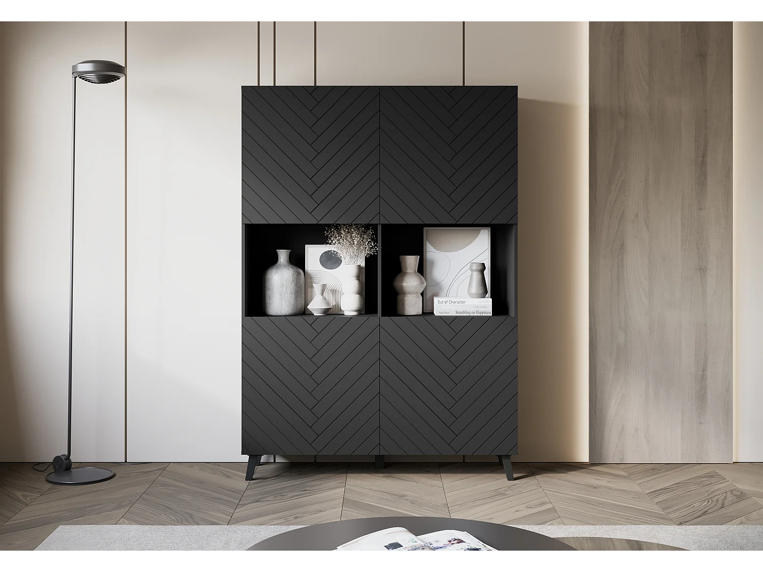 Highboard moderne 160 cm sur pieds pour salon, graphite noir, façades MDF motif chevrons