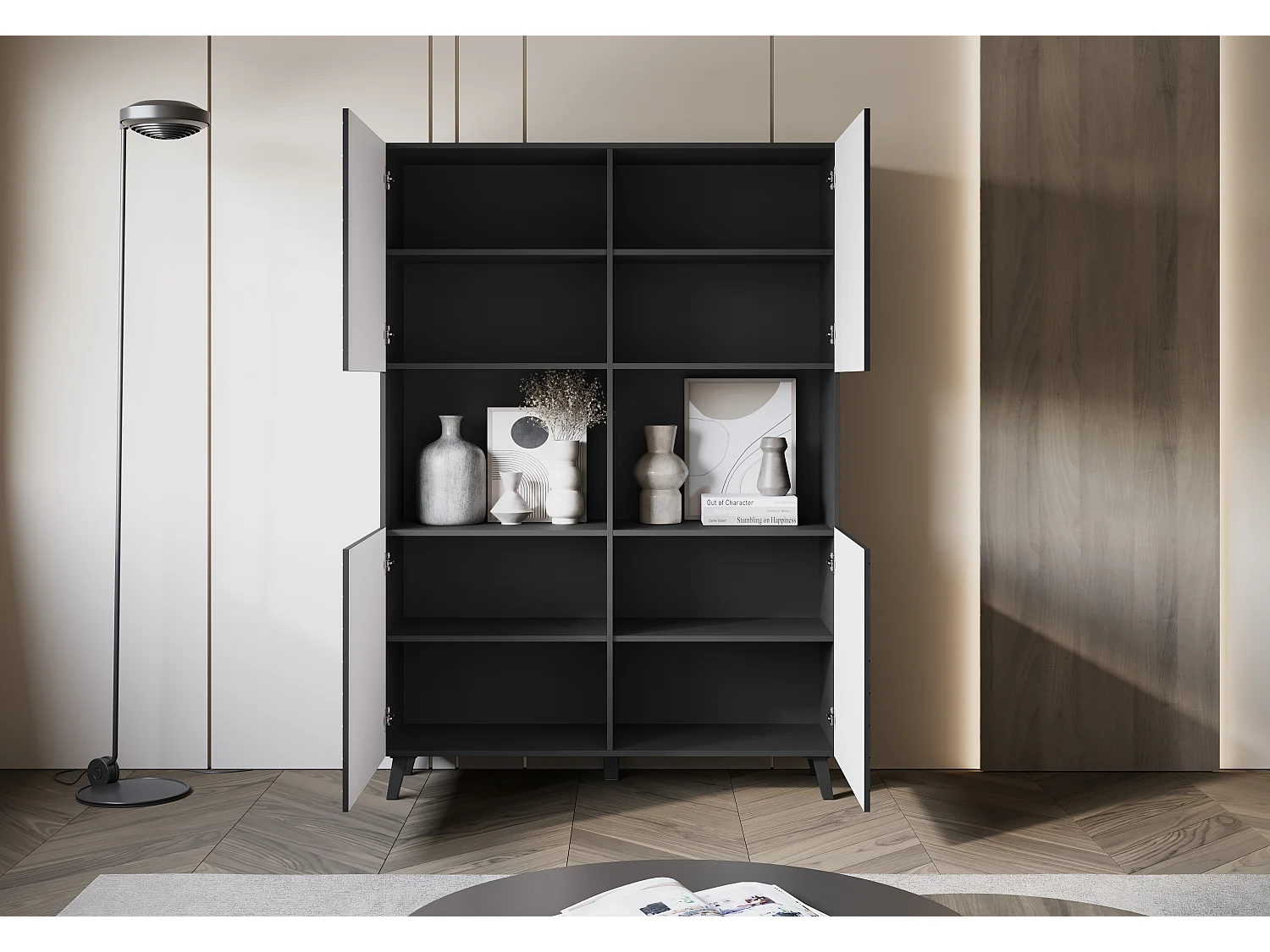 Highboard moderne 160 cm sur pieds pour salon, graphite noir, façades MDF motif chevrons