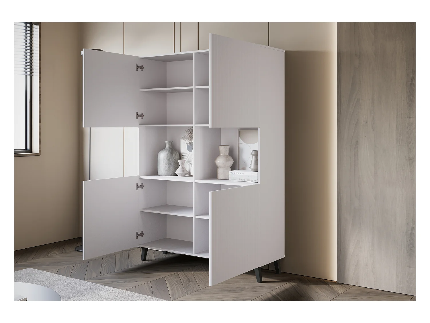 Moderne highboard 160 cm op poten voor woonkamer, wit, MDF-fronten met brede groeven