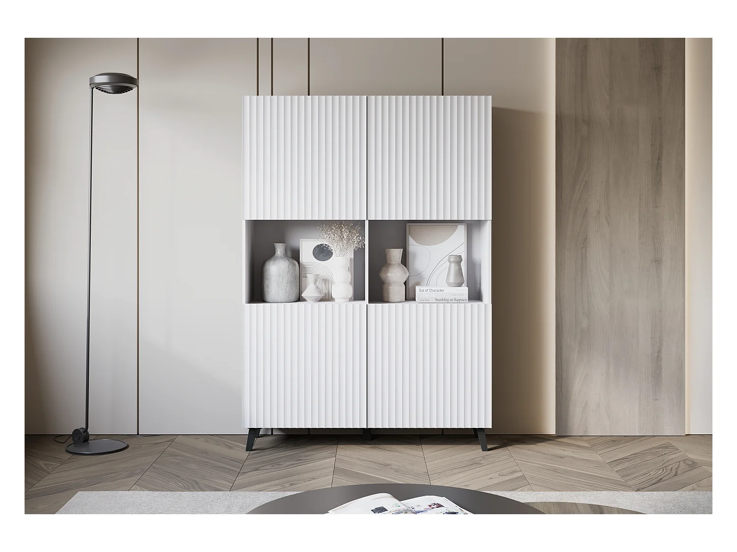 Moderne highboard 160 cm op poten voor woonkamer, wit, MDF-fronten met brede groeven