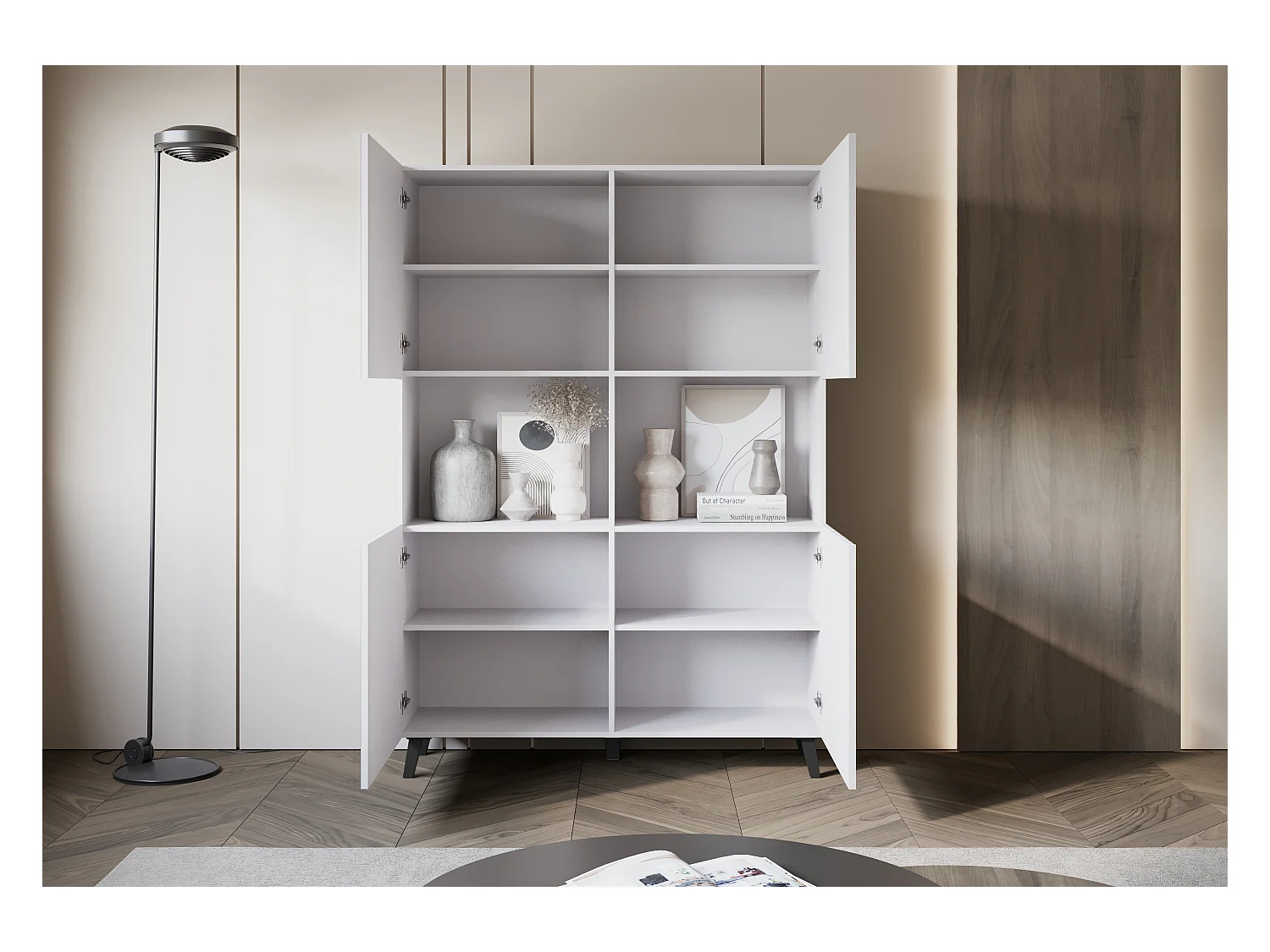 Moderne highboard 160 cm op poten voor woonkamer, wit, MDF-fronten met brede groeven