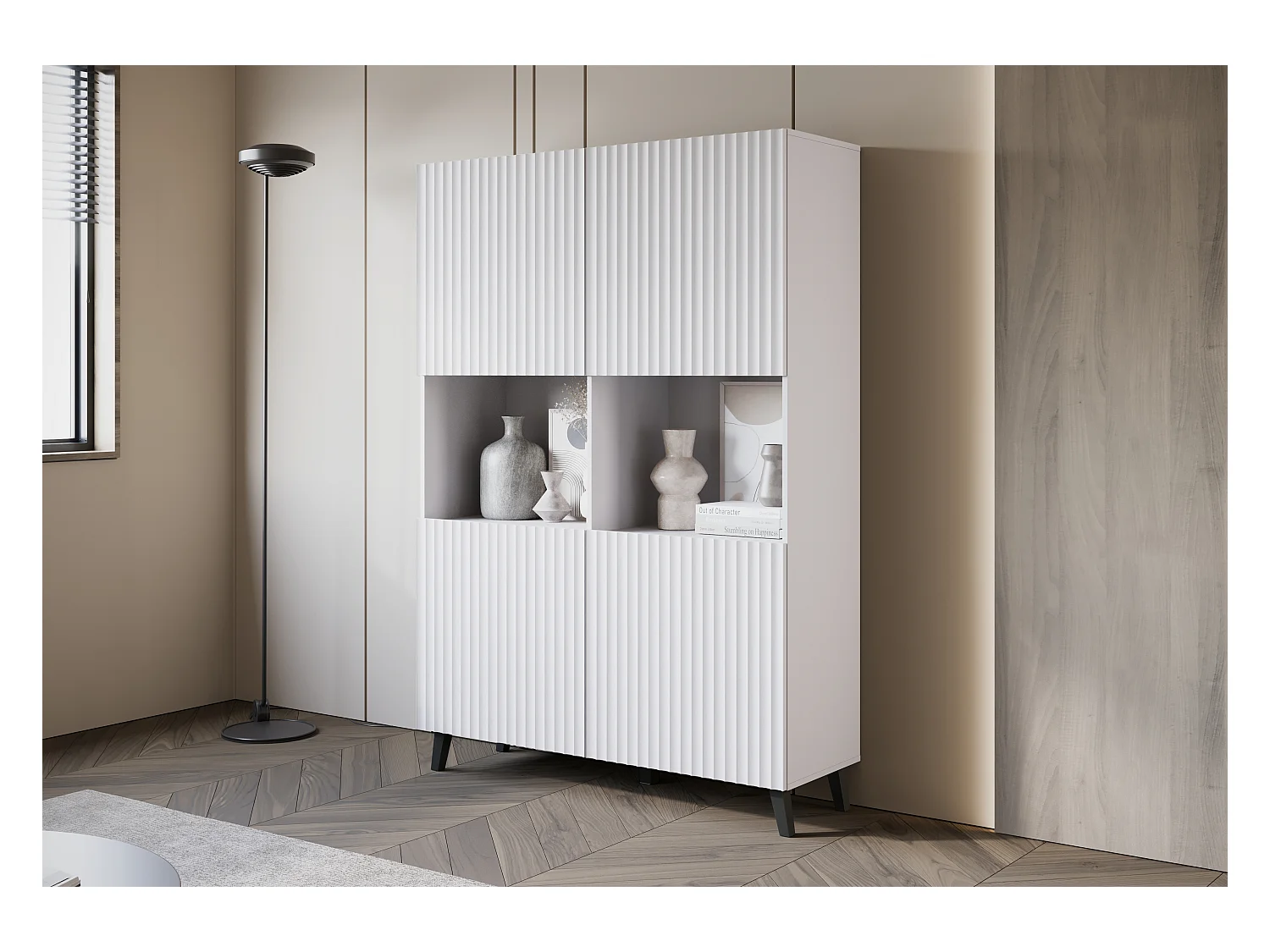 Highboard moderne 160 cm sur pieds pour salon, blanc, façades MDF à larges rainures