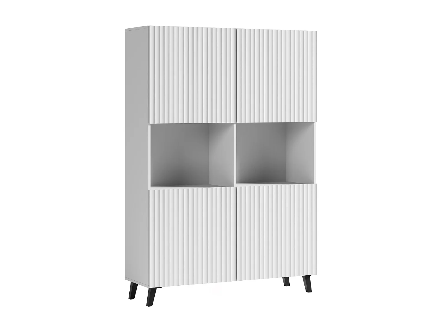 Highboard moderne 160 cm sur pieds pour salon, blanc, façades MDF à larges rainures