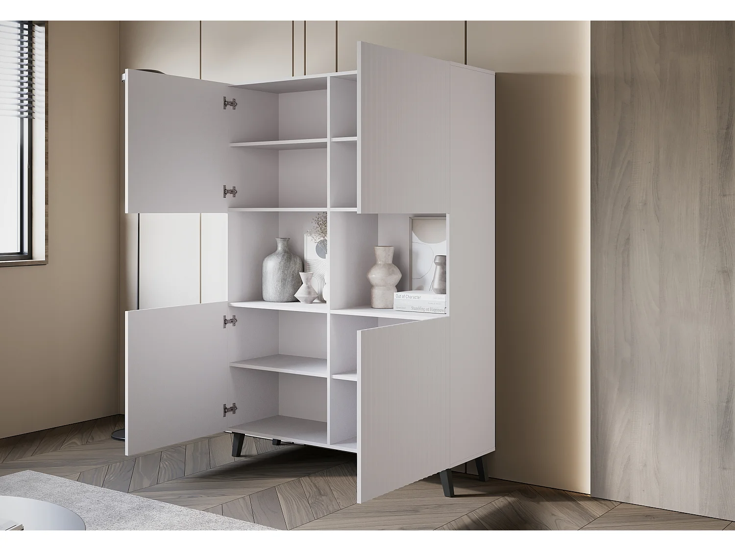 Highboard moderne 160 cm sur pieds pour salon, blanc, façades MDF à larges rainures