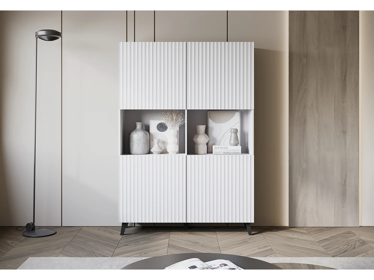 Highboard moderne 160 cm sur pieds pour salon, blanc, façades MDF à larges rainures