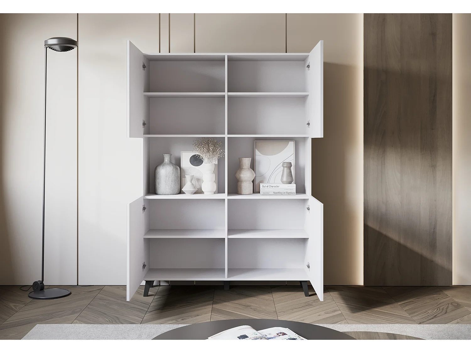 Highboard moderne 160 cm sur pieds pour salon, blanc, façades MDF à larges rainures