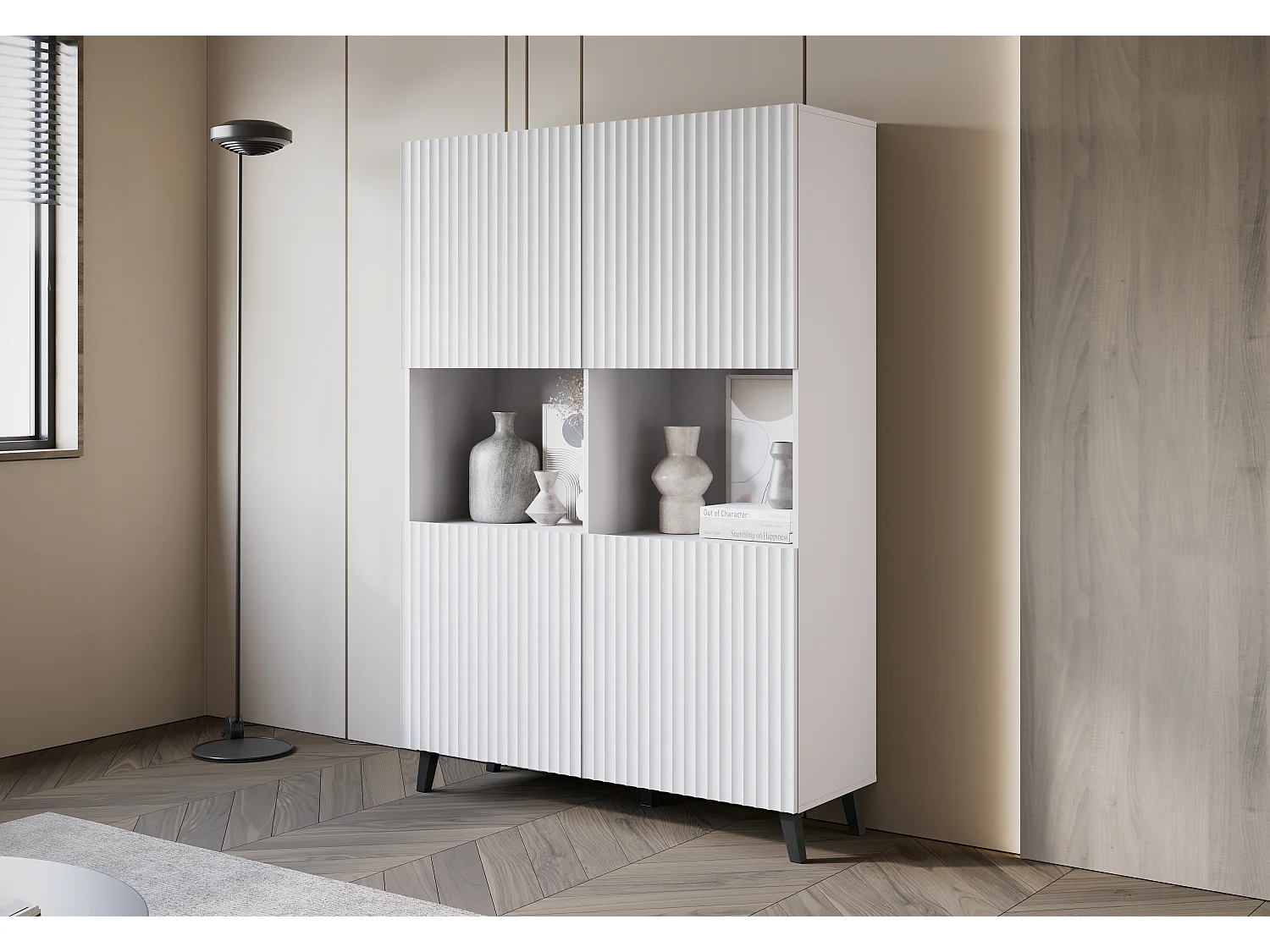 Highboard moderne 160 cm sur pieds pour salon, blanc, façades MDF à larges rainures