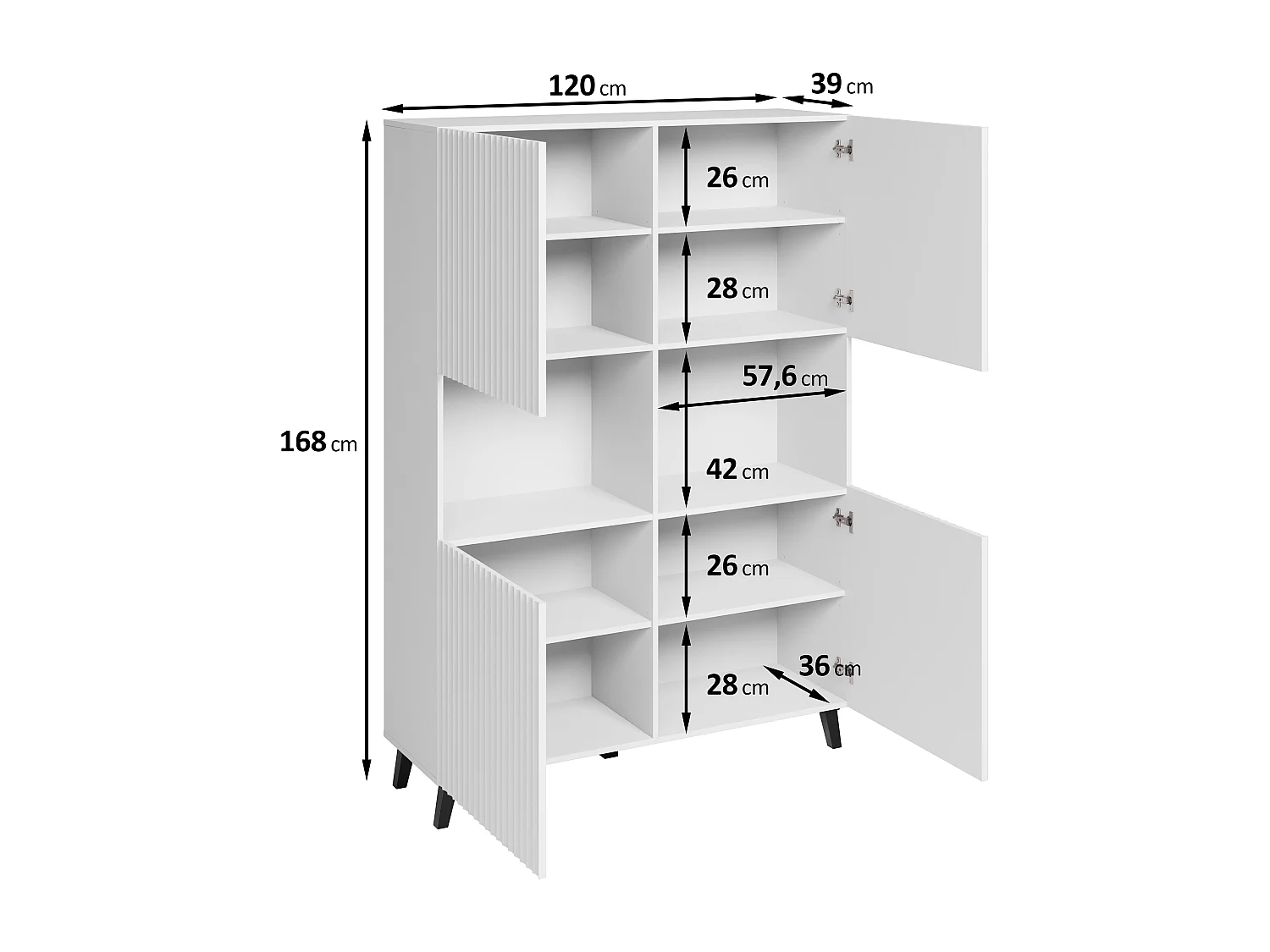 Highboard moderne 160 cm sur pieds pour salon, blanc, façades MDF à larges rainures