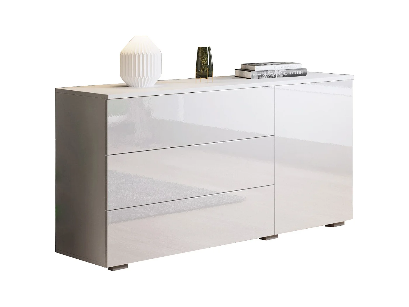 Aparador 110 cm para sala – moderno com 3 gavetas e 1 porta, corpo branco mate e frentes branco brilho