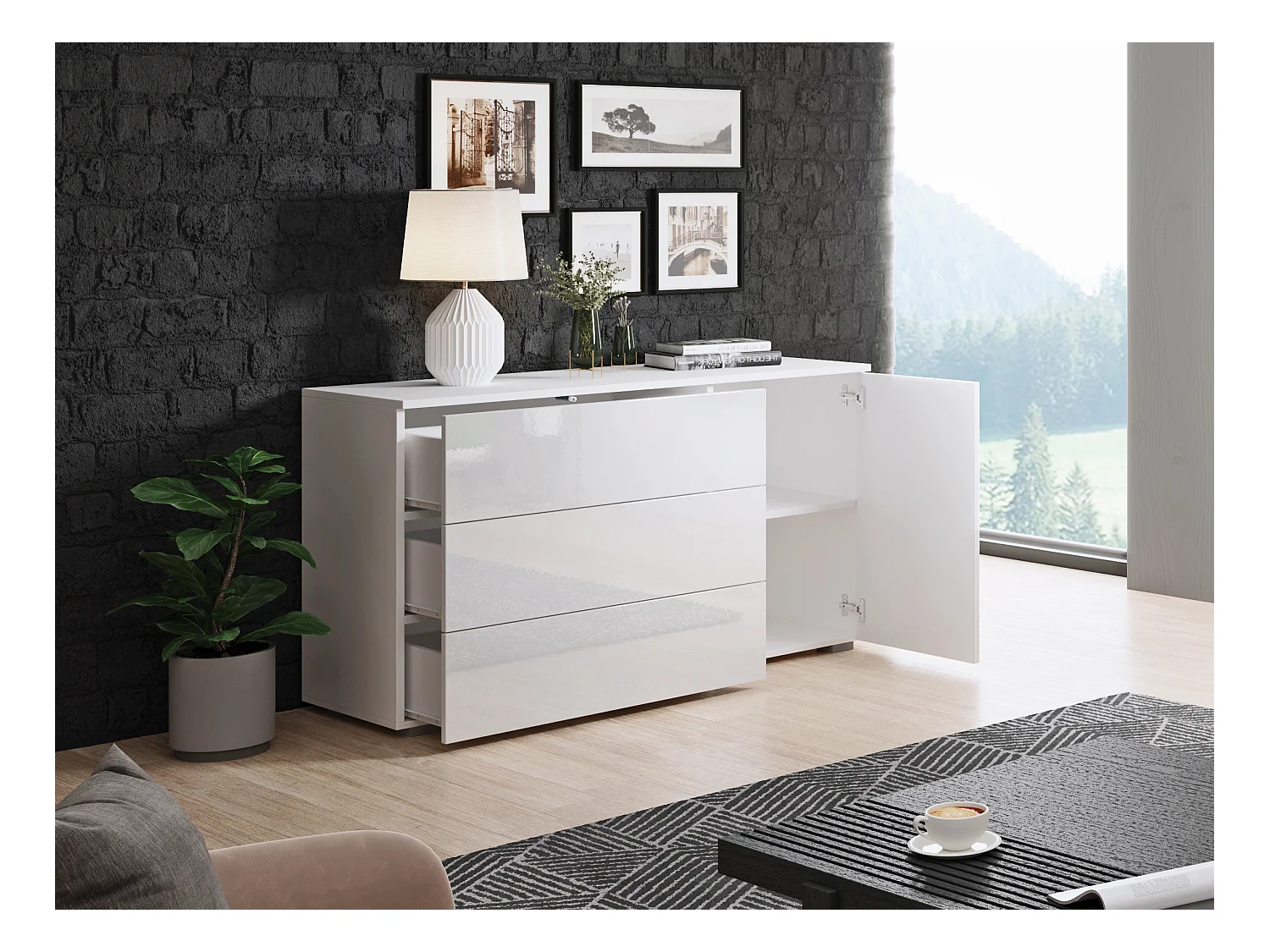 Aparador 110 cm para sala – moderno com 3 gavetas e 1 porta, corpo branco mate e frentes branco brilho