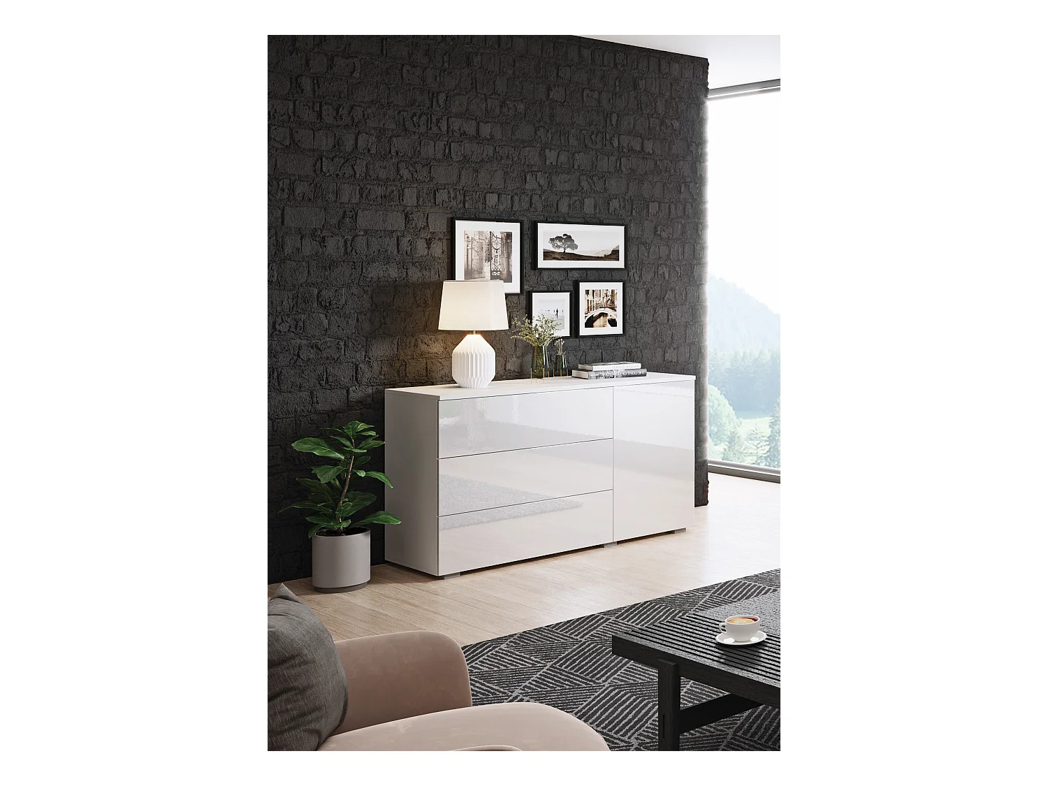 Dressoir 110 cm voor woonkamer – modern met 3 lades en 1 deur, corpus wit mat en fronten wit hoogglans