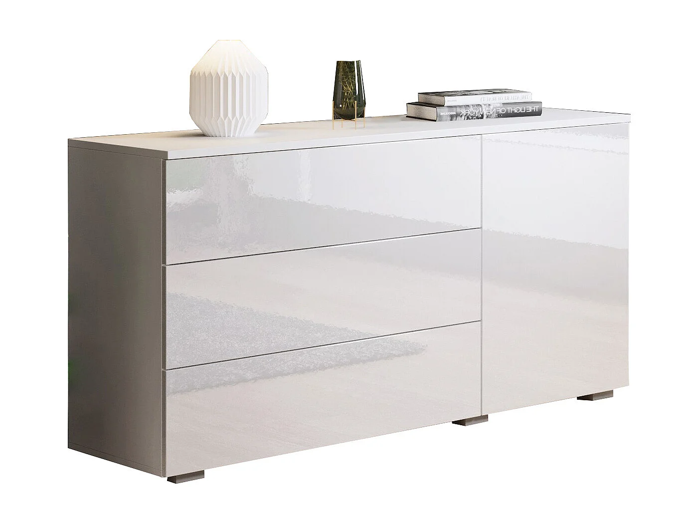 Komoda 110 cm do salonu – nowoczesna komoda z 3 szufladami i szafką, korpus biały mat i fronty biały połysk