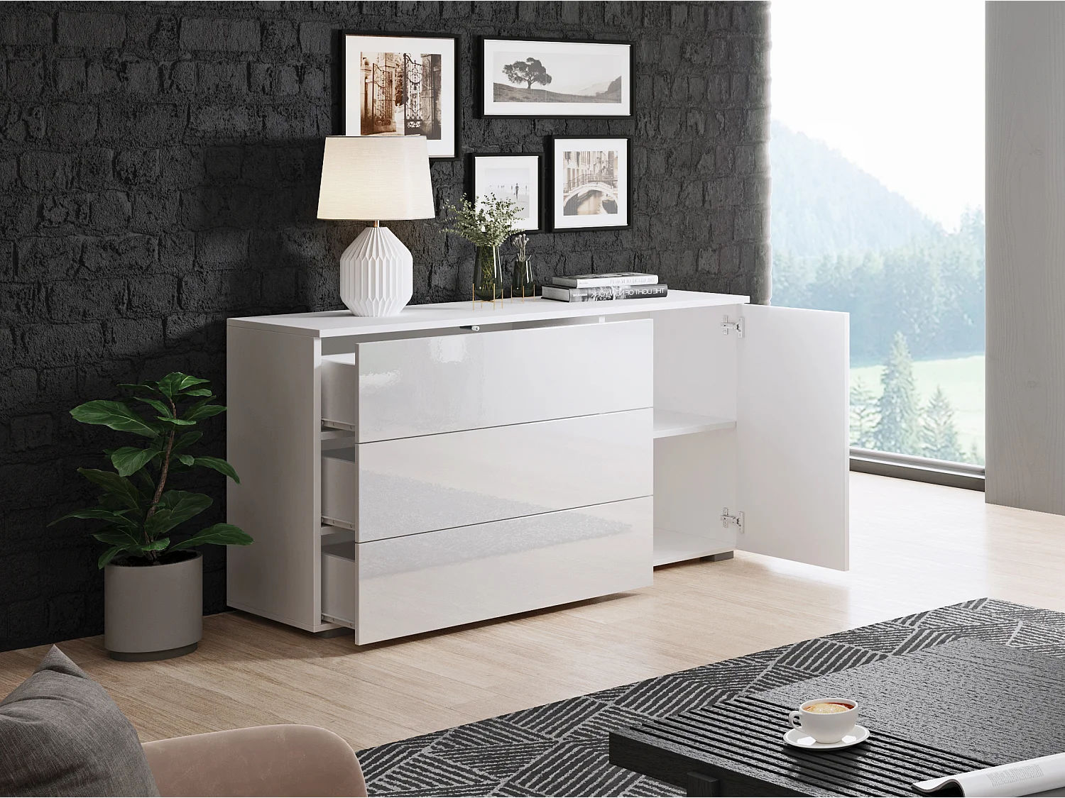 Dressoir 110 cm voor woonkamer – modern met 3 lades en 1 deur, corpus wit mat en fronten wit hoogglans