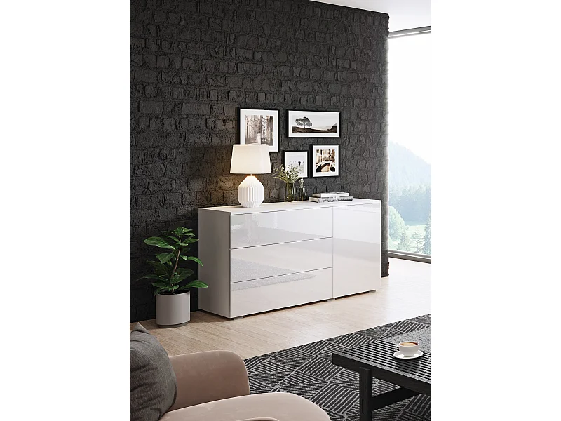 Buffet 110 cm pour salon – moderne avec 3 tiroirs et 1 porte, corps blanc mat et façades blanc brillant