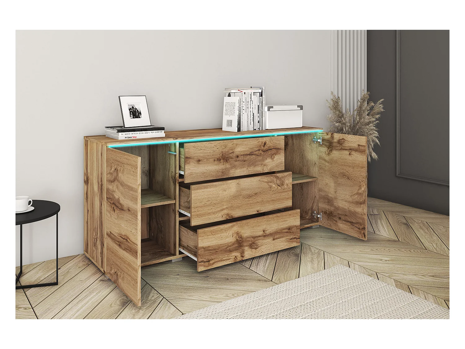 Modern dressoir 150 cm voor woonkamer mat 3 lades en 2 kastjes eik wotan