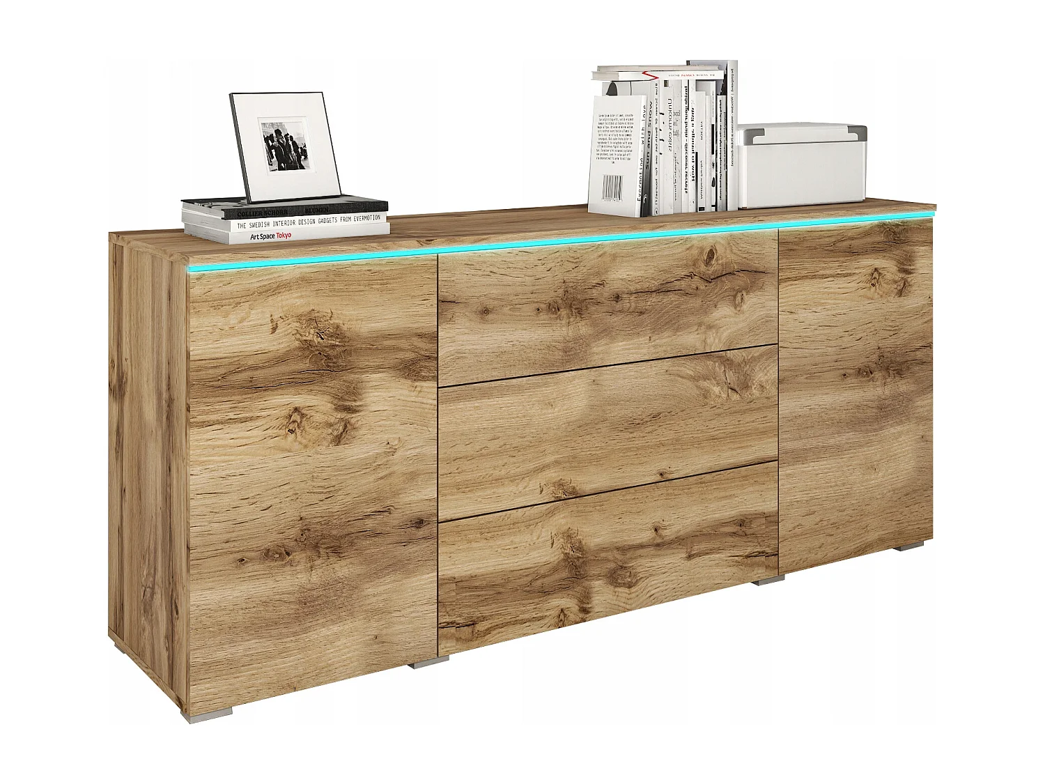 Buffet moderne 150 cm pour salon mat 3 tiroirs et 2 portes chêne wotan