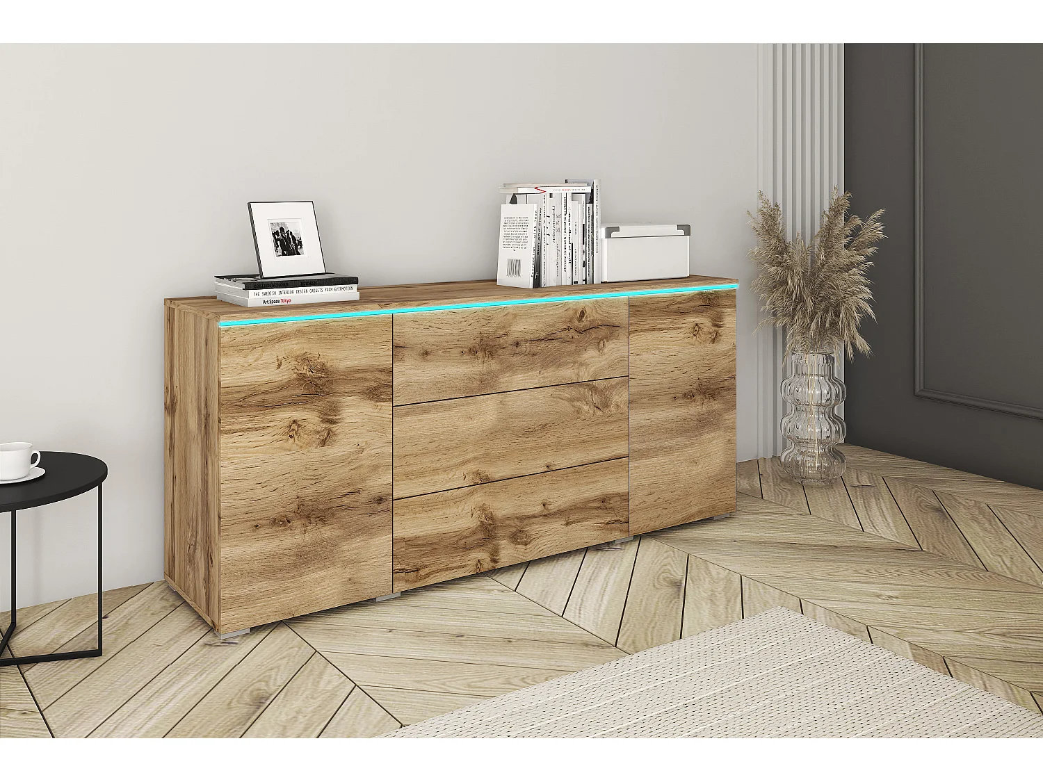 Buffet moderne 150 cm pour salon mat 3 tiroirs et 2 portes chêne wotan