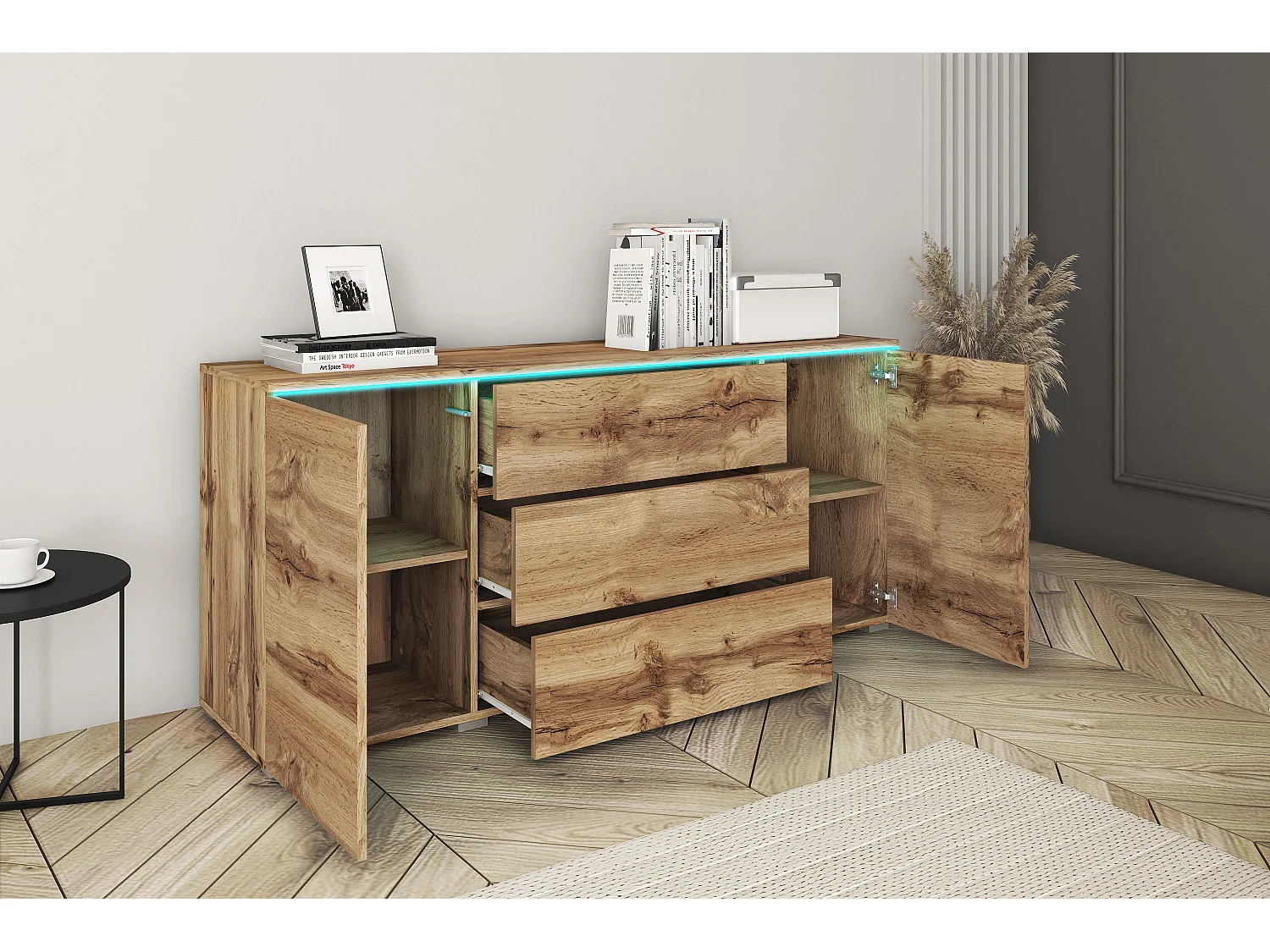 Buffet moderne 150 cm pour salon mat 3 tiroirs et 2 portes chêne wotan