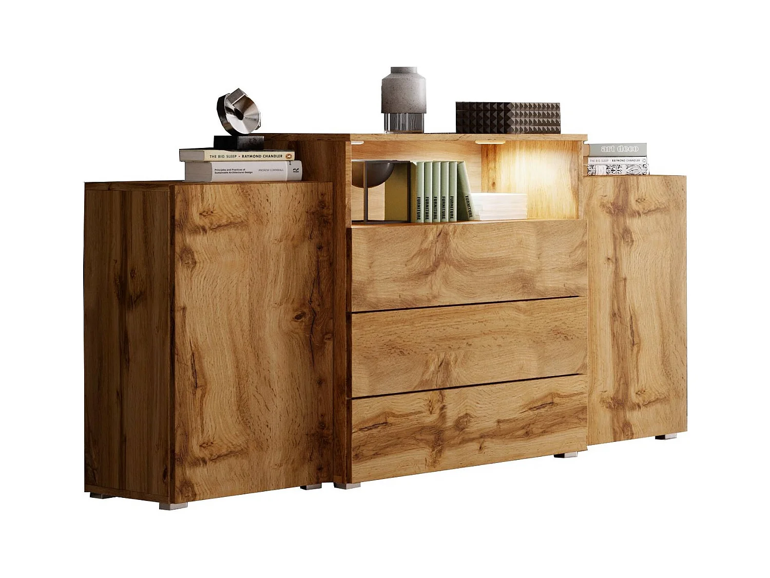 Dressoir 150 cm mat voor woonkamer – modern, staand met 3 lades, open vak en zijdeuren eik wotan