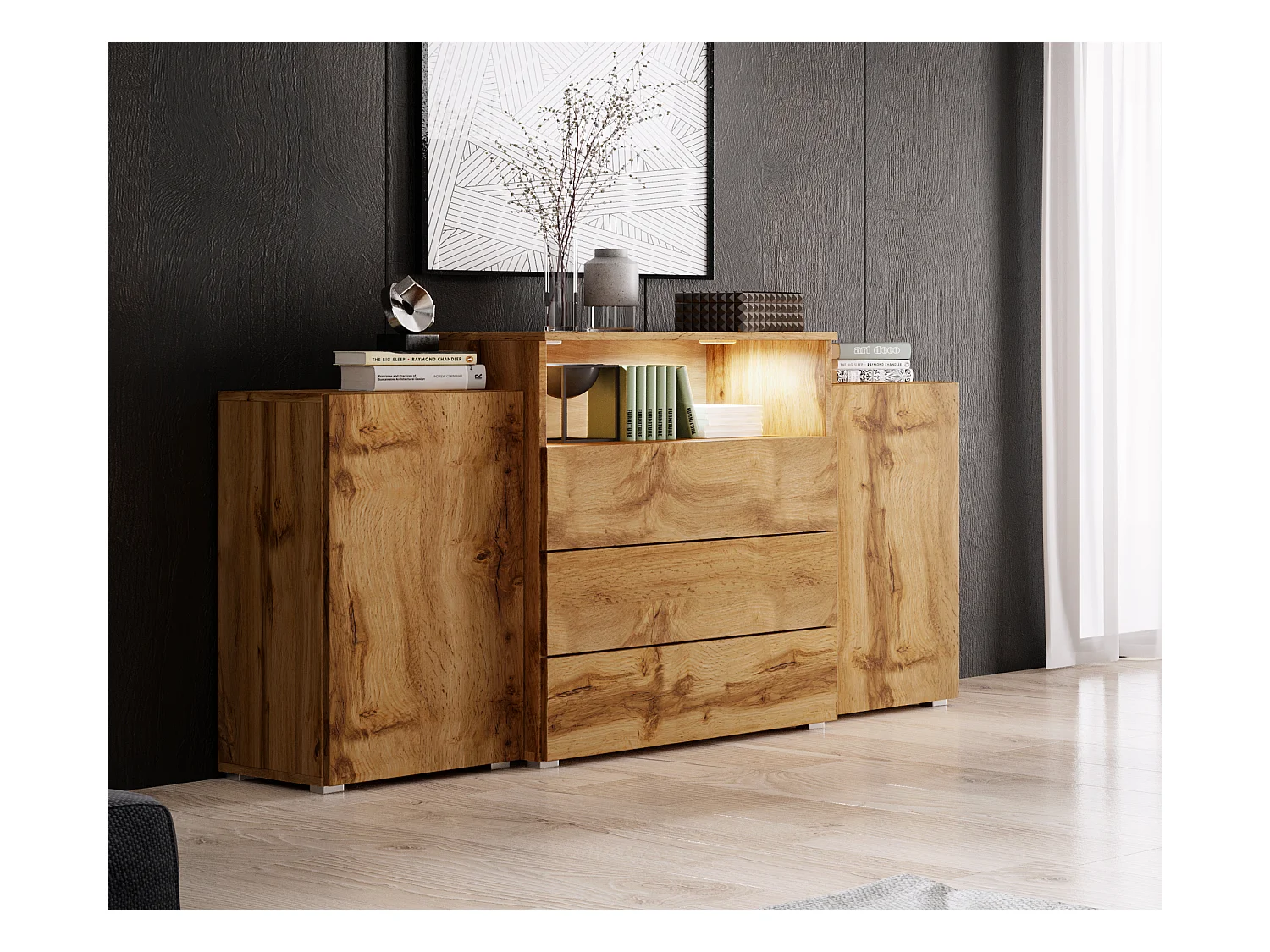 Buffet 150 cm mat pour salon – moderne, sur pied avec 3 tiroirs, niche et portes latérales chêne wotan