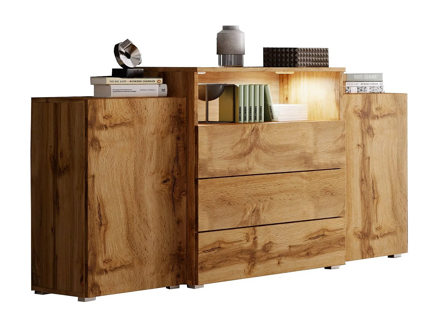 Buffet 150 cm mat pour salon – moderne, sur pied avec 3 tiroirs, niche et portes latérales chêne wotan