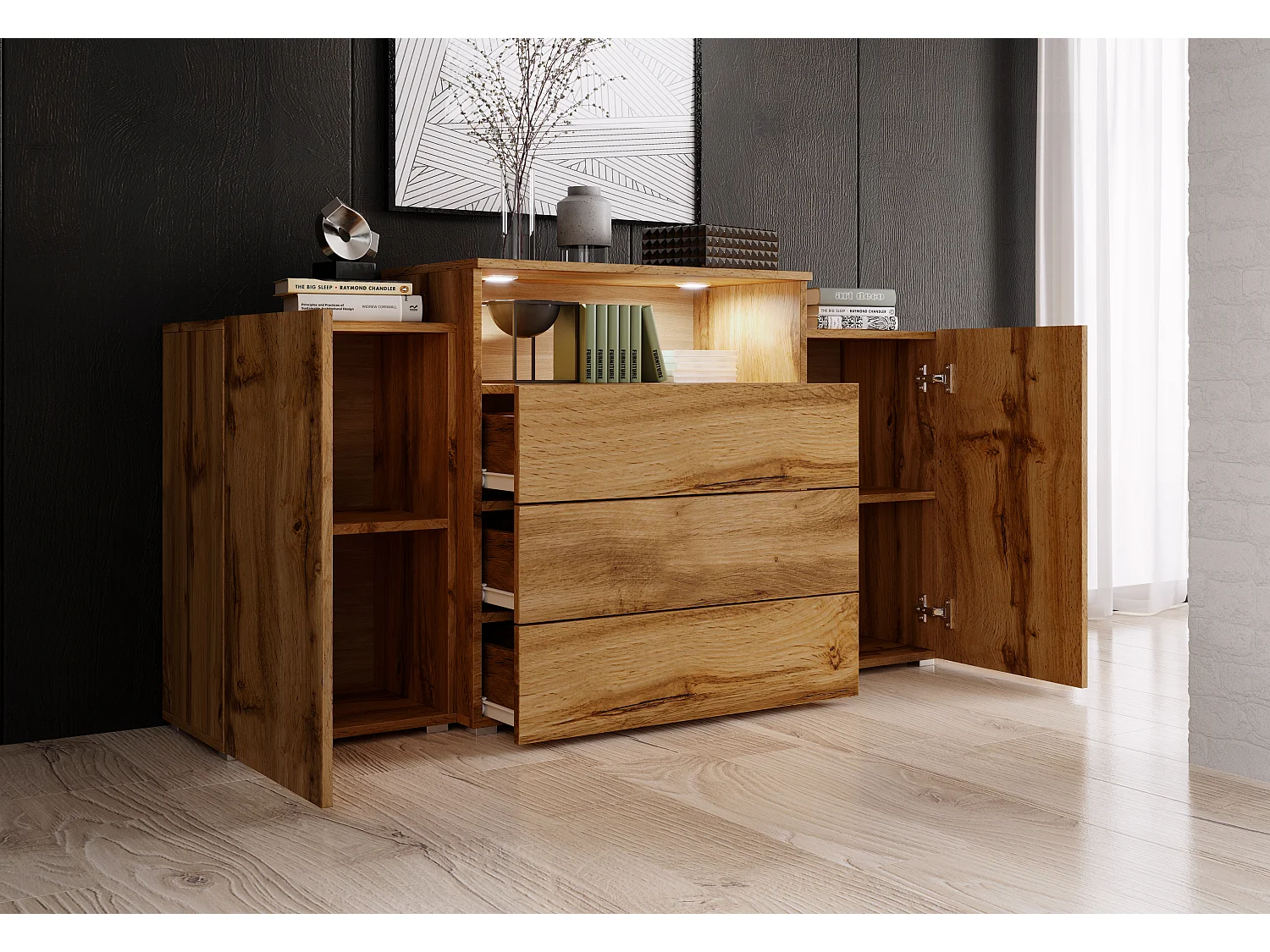 Buffet 150 cm mat pour salon – moderne, sur pied avec 3 tiroirs, niche et portes latérales chêne wotan