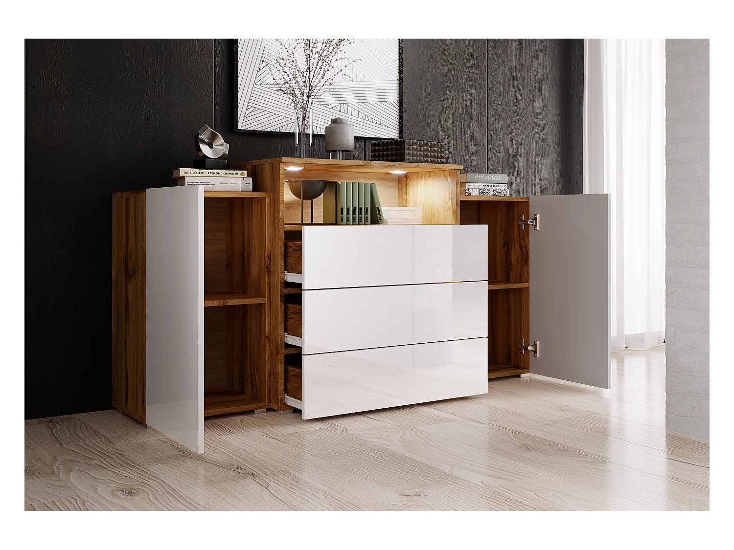 Dressoir 150 cm voor woonkamer – modern, staand met 3 lades, open vak en zijdeuren, corpus eik wotan mat en fronten wit hoogglans