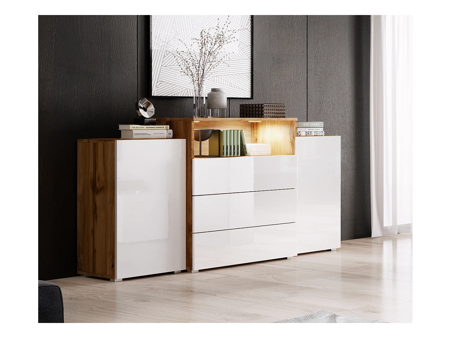 Buffet 150 cm pour salon – moderne, sur pied avec 3 tiroirs, niche et portes latérales, corps chêne wotan mat et façades blanc brillant