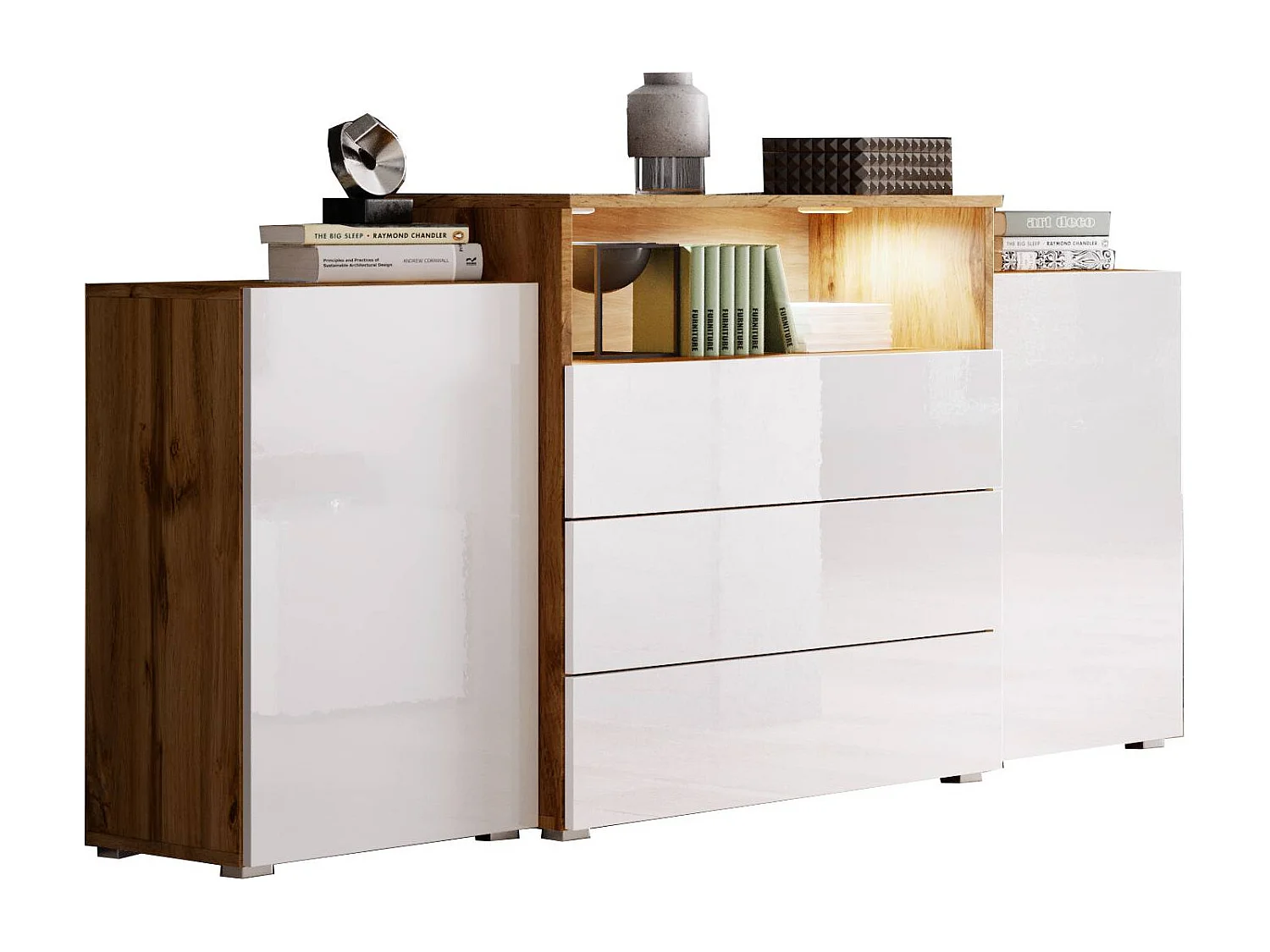 Buffet 150 cm pour salon – moderne, sur pied avec 3 tiroirs, niche et portes latérales, corps chêne wotan mat et façades blanc brillant