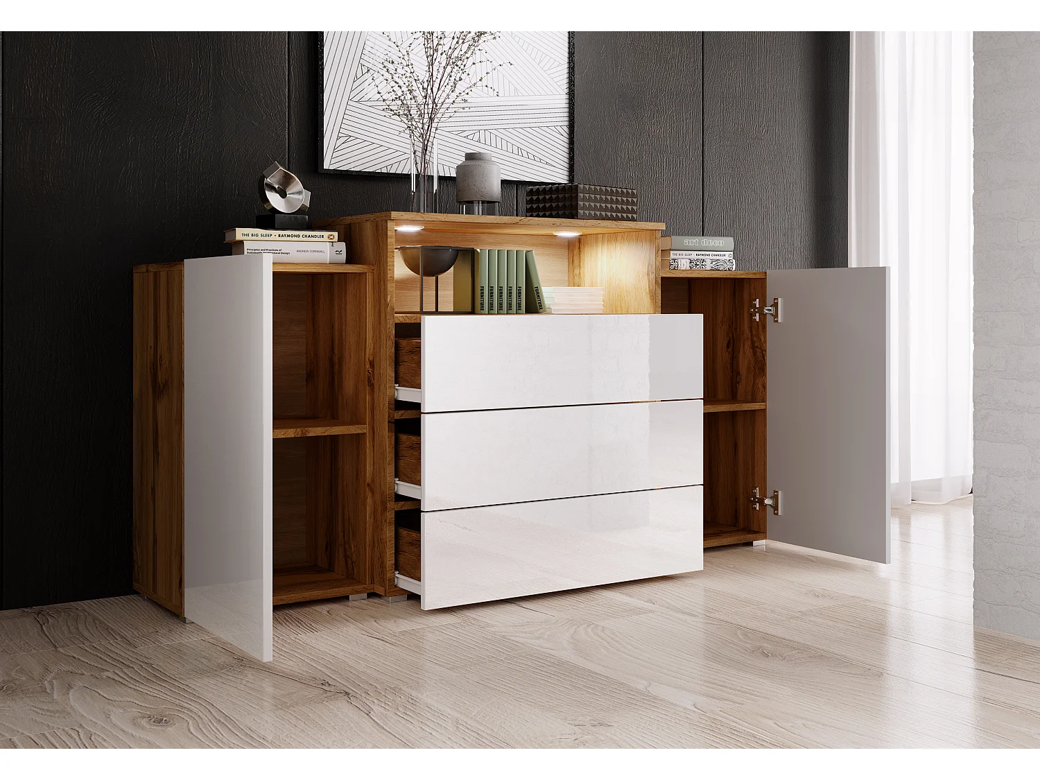 Buffet 150 cm pour salon – moderne, sur pied avec 3 tiroirs, niche et portes latérales, corps chêne wotan mat et façades blanc brillant