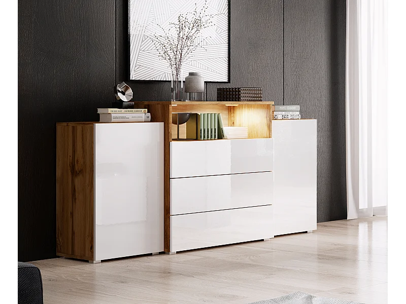 Aparador 150 cm para sala – moderno, de pé com 3 gavetas, nicho e portas laterais, corpo carvalho wotan mate e frentes branco brilho