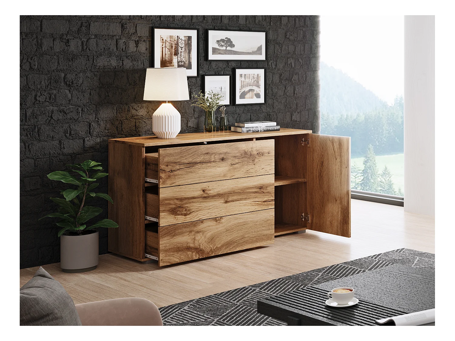 Dressoir 110 cm mat voor woonkamer – modern met 3 lades en 1 deur eik wotan