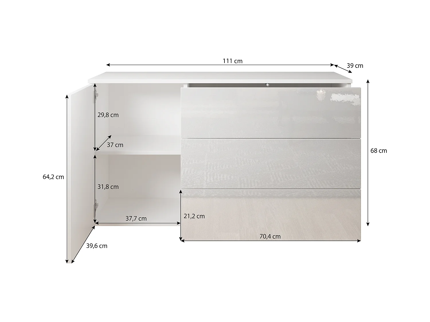 Dressoir 110 cm mat voor woonkamer – modern met 3 lades en 1 deur eik wotan