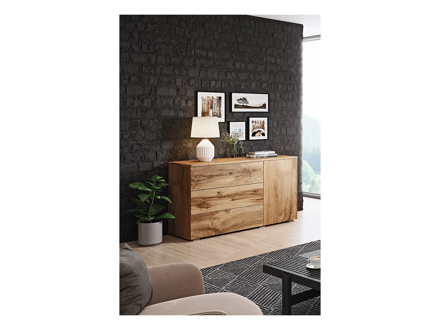 Buffet 110 cm mat pour salon – moderne avec 3 tiroirs et 1 porte chêne wotan