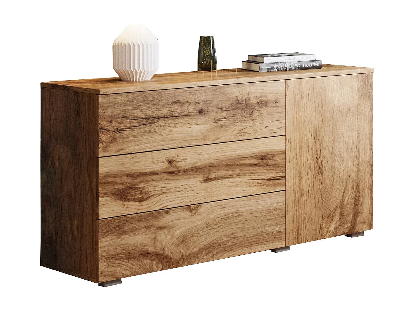 Buffet 110 cm mat pour salon – moderne avec 3 tiroirs et 1 porte chêne wotan