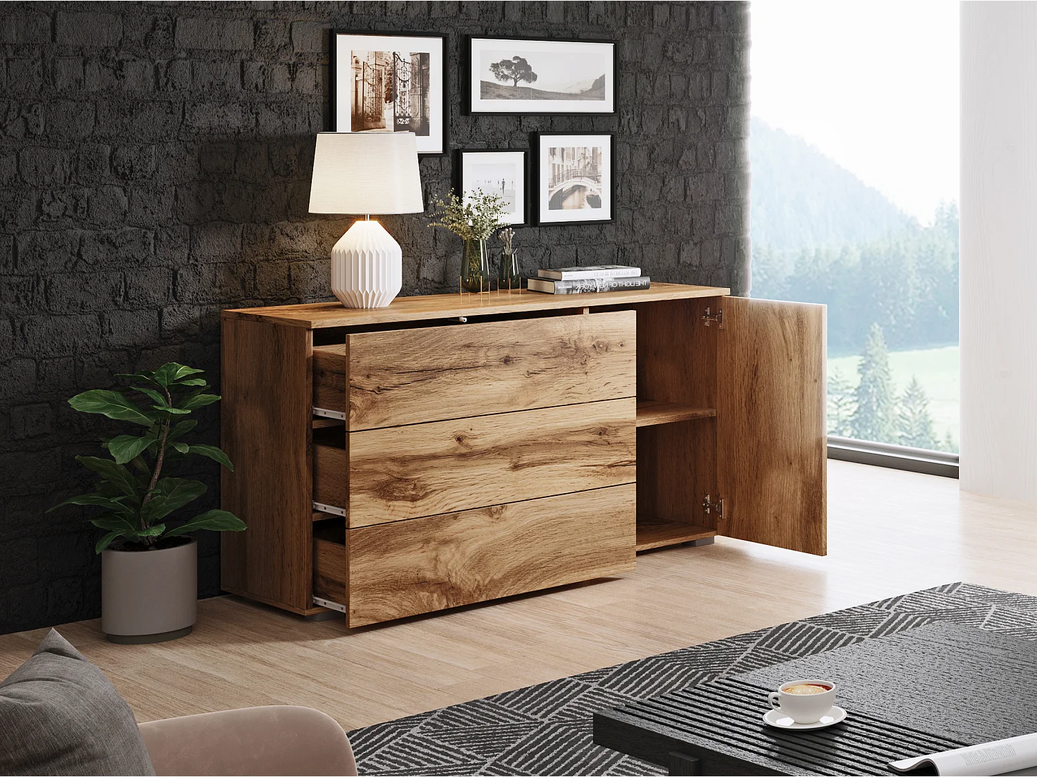 Buffet 110 cm mat pour salon – moderne avec 3 tiroirs et 1 porte chêne wotan